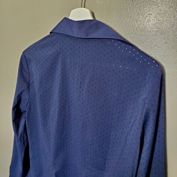 Due Per Due Shirt Women's Size 6 Navy Blue Long Sleeve Button Up Dot Business - Picture 5 of 8